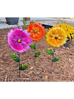 3pc Pink, Yellow, Orange Colorful Metal Zinnia Flower Garden Stakes